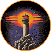 Lighthouse illustration with spiral design and beams of light coming from the lantern